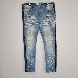 Preme Blue Jeans Men's 40x34 Blue Rhinestone Striped Distressed Moto‎